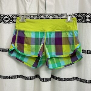Lululemon Running Shorts‎ Plaid Print Athletic Neon Green Waist Size 2